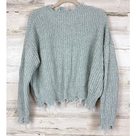 No Comment Womens Medium Light Blue Distressed Cropped Knit Sweater - Picture 2 of 6